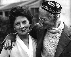 Sean O'Casey with his wife, Eileen, in distinctive coloured cap and Aran sweater